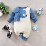 Combinaison bébé éléphant en coton doux bleu et crème avec design attendrissant et manches longues