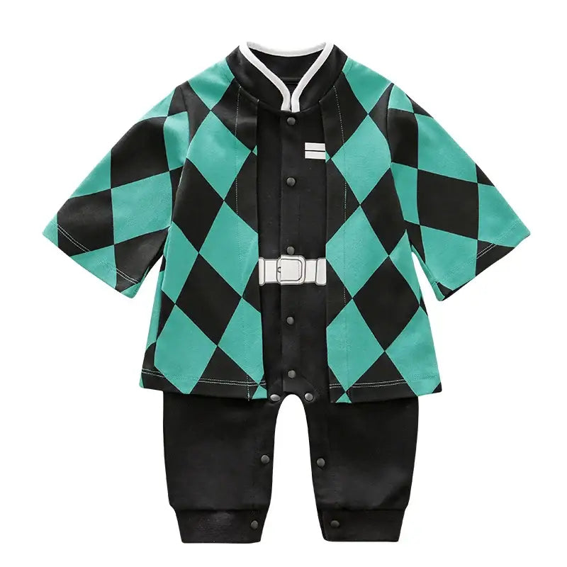 Combinaison bébé tanjiro demon slayer noire et bleu canard en coton confortable avec ceinture argentée et boutons pression