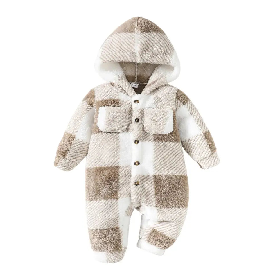 Combinaison capuche carreaux bébé en polaire sherpa beige avec capuche, fermeture à boutons et poches plaquées frontales