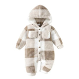 Combinaison capuche carreaux bébé en polaire sherpa beige avec capuche, fermeture à boutons et poches plaquées frontales