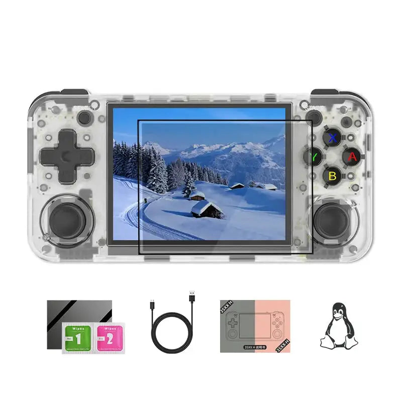 Console anbernic rg35xx transparent avec écran ips affichant un paysage de montagne et jeux rétro intégrés