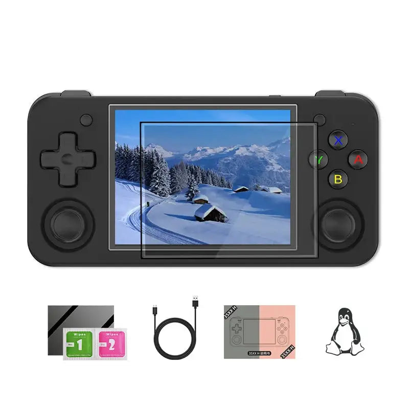 Console anbernic rg35xx noir avec écran ips 5 pouces quad-core arm cortex-a53 affichant jeux rétro intégrés