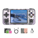 Console anbernic rg35xx transparent avec écran ips affichant un paysage montagneux pour jeux rétro intégrés