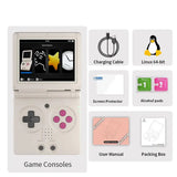 Console de jeux rétro anbernic rg35xxsp blanc avec boutons roses et écran noir affichant des icônes de jeux rétro anbernic