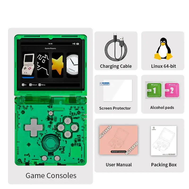 Console de jeux rétro anbernic rg35xxsp transparent vert avec circuit interne visible et croix directionnelle argentée