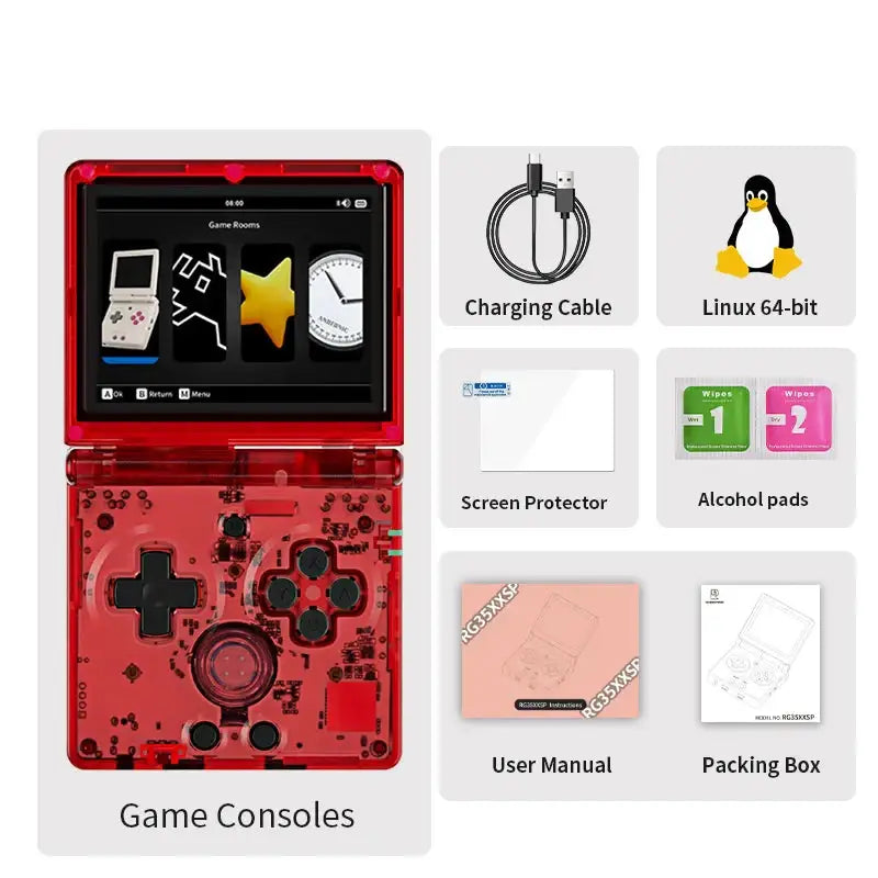 Console de jeux rétro anbernic rg35xxsp transparent rouge avec boutons noirs écran affichant menu jeux rétro anbernic