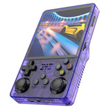Console jeux rétro portable transparent violet avec boutons noirs et jeux inclus de 15000 titres