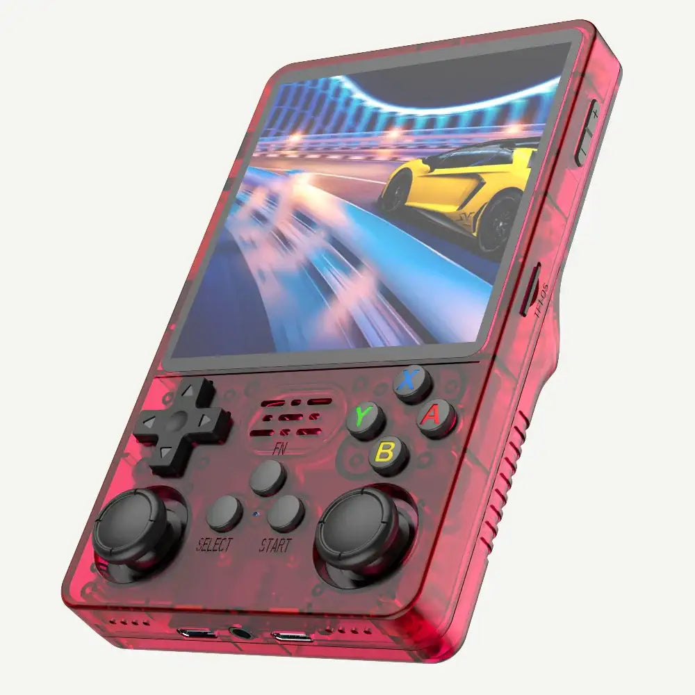 Console jeux rétro portable rouge translucide avec boutons noirs et jeux inclus pour 15000 jeux intégrés