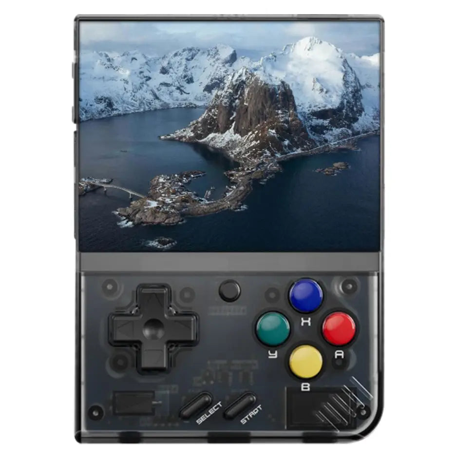 Console retro portable transparent noir avec écran vibrant affichant montagnes enneigées et boutons colorés a b x y