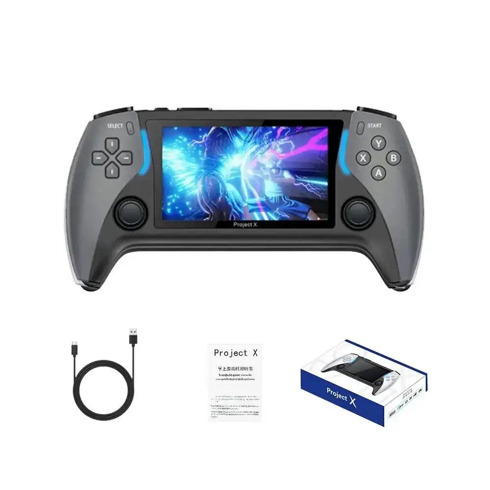 Console portable rétro projet x gris avec écran 5 pouces jeux classiques et batterie longue durée ergonomique