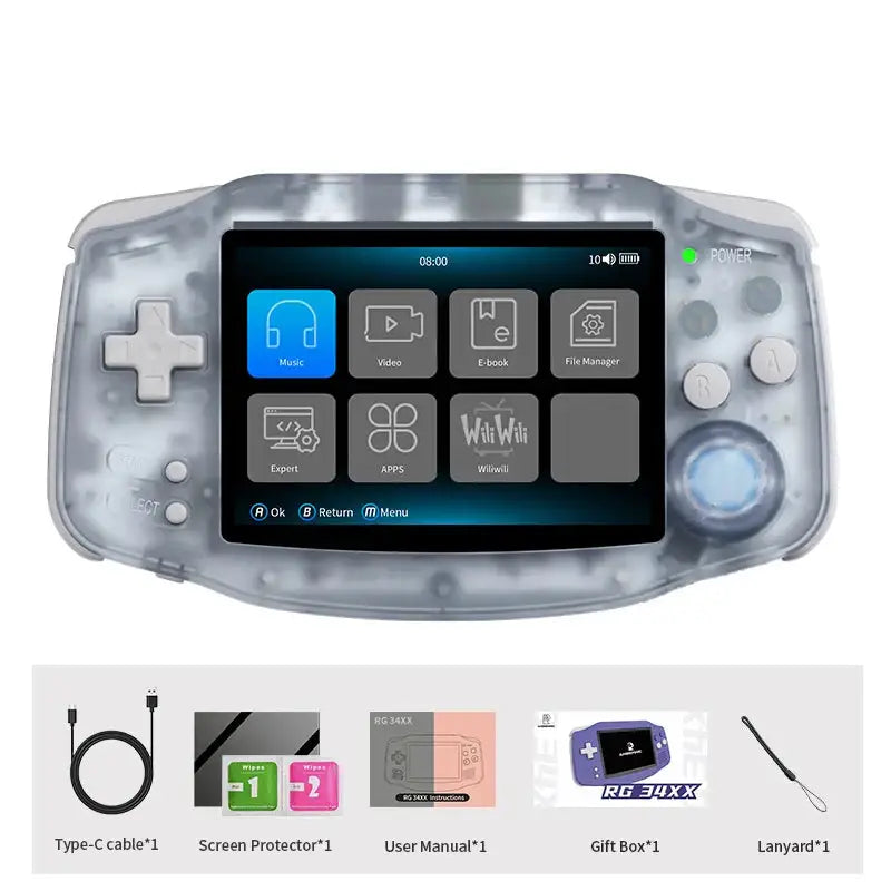Console rétro portable gris transparent avec écran tactile 3,4 pouces affichant icônes musique vidéo et applications