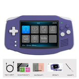 Console rétro portable 3,4 pouces violet avec écran tactile, croix directionnelle blanche et interface multimédia complète