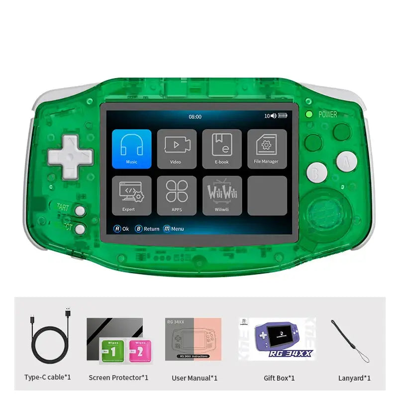 Console rétro portable 3,4 pouces transparent vert avec boutons blancs et écran tactile affichant des icônes d applications