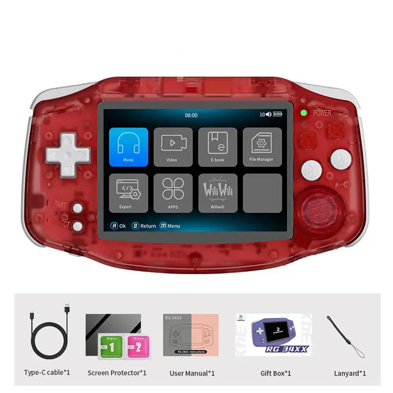 Console rétro portable 3,4 pouces rouge translucide avec écran tactile et boutons blancs pour gaming mobile