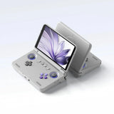 Console retroid pocket flip2 gris avec écran amoled pliable et boutons violets pour jeu portable avancé