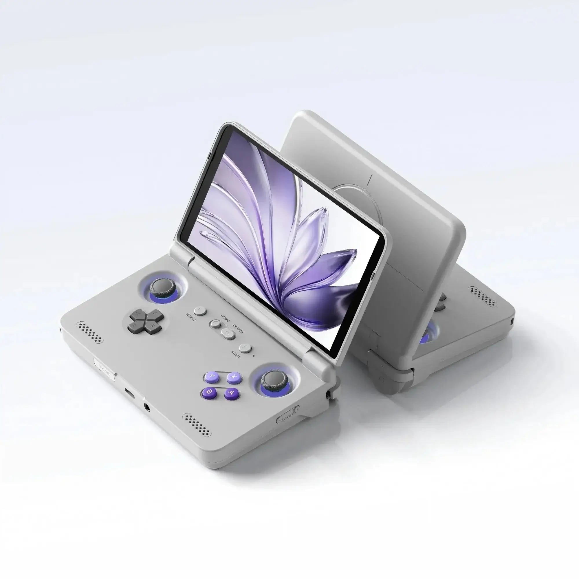 Console retroid pocket flip2 gris avec écran amoled pliable et boutons violets pour jeu portable avancé