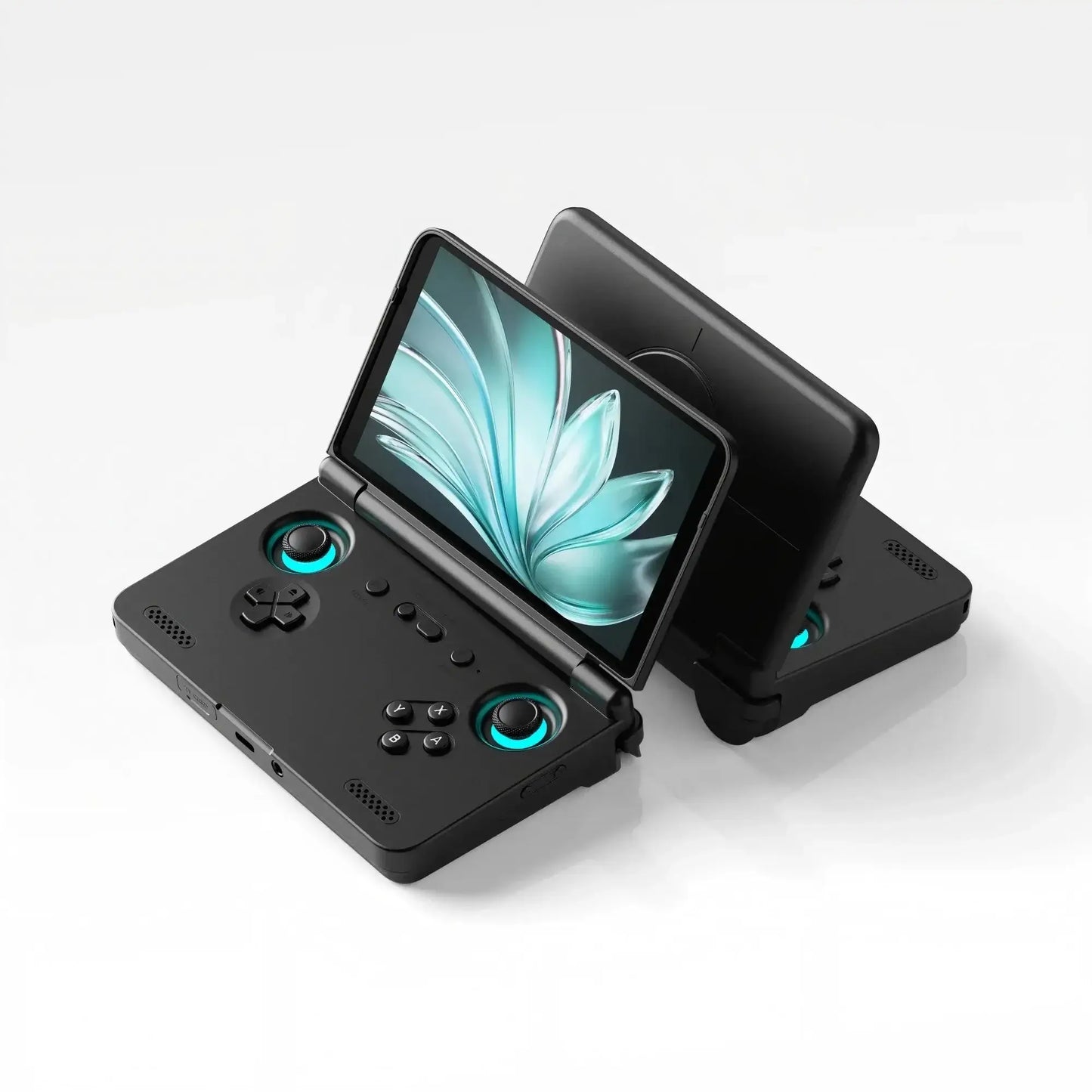 Console retroid pocket flip2 noir pliable avec joysticks circulaires teal lumineux et écran amoled moderne pour gaming