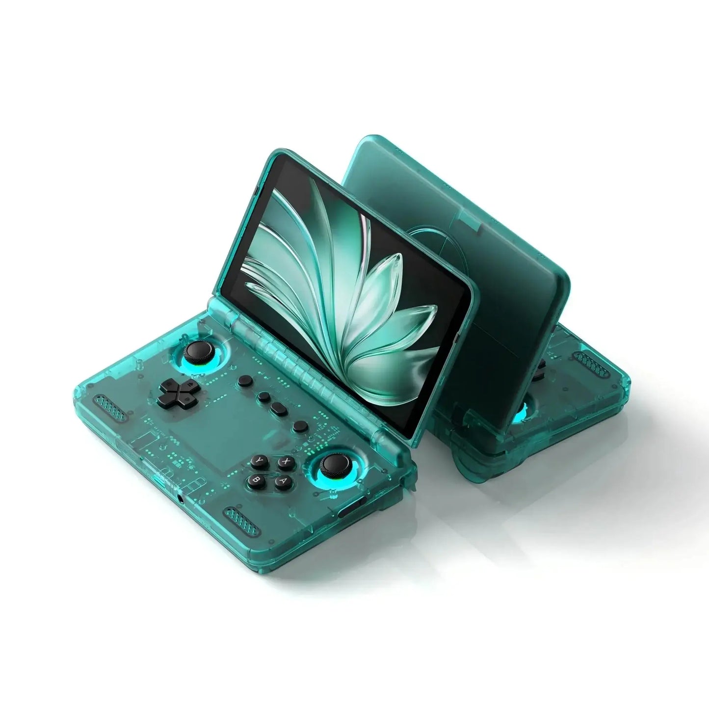 Console retroid pocket flip2 teal translucide avec écran amoled et accents bleus lumineux sur les contrôles