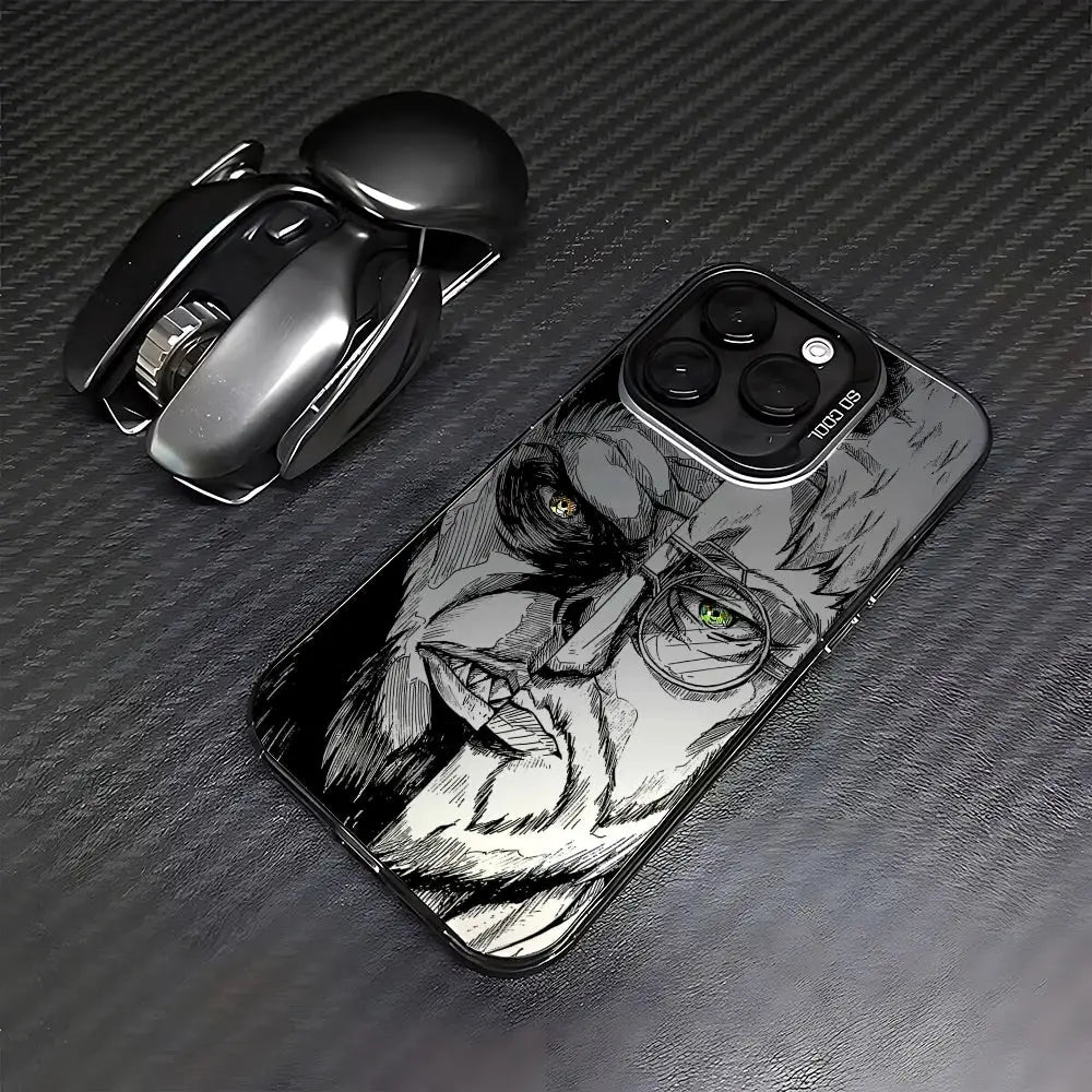 Coque iphone anime attaque des titans pro max dos en illustration noir et blanc visage stylisé aux yeux verts
