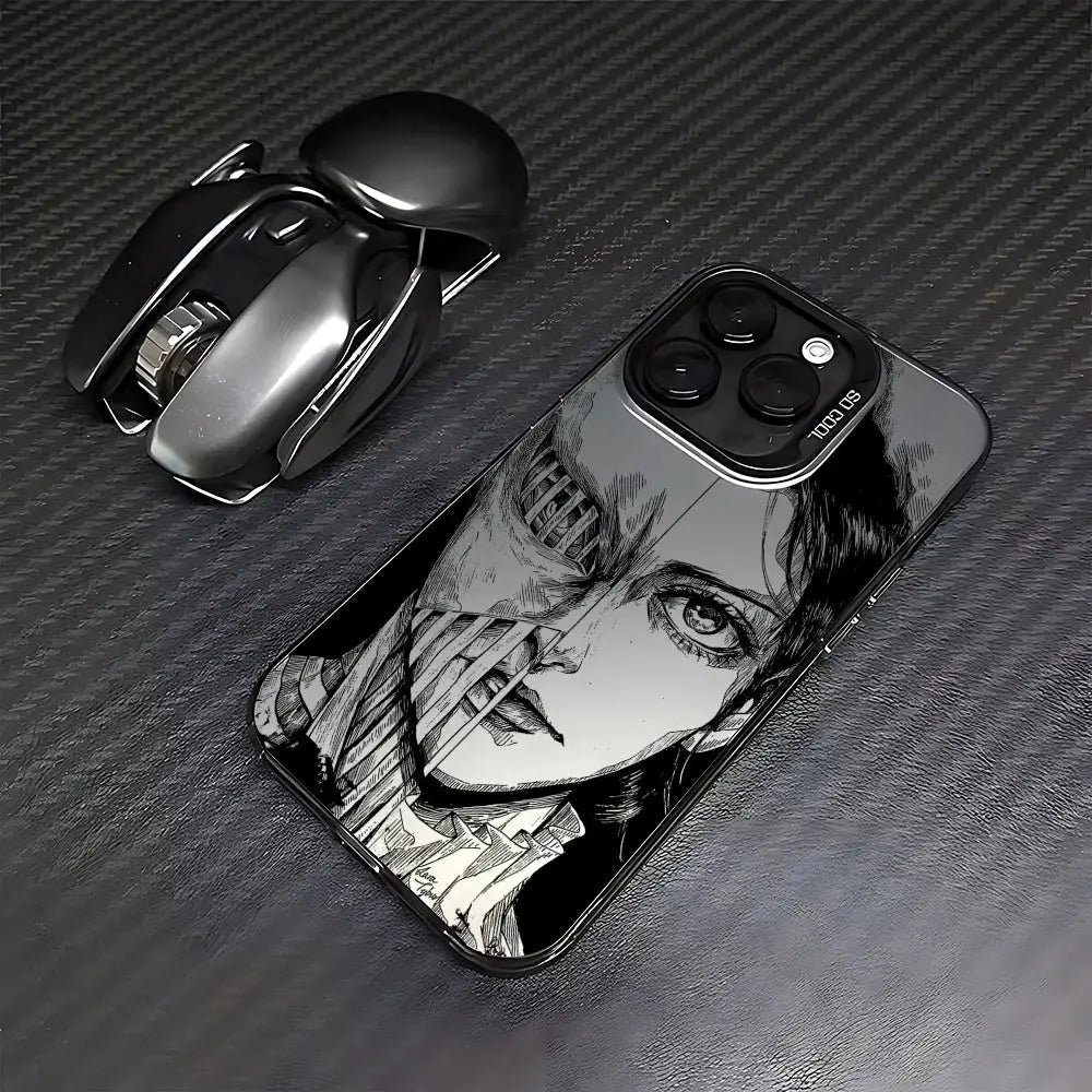 Coque iphone anime attaque des titans noir et blanc avec illustration détaillée vue arrière pour iphone pro max
