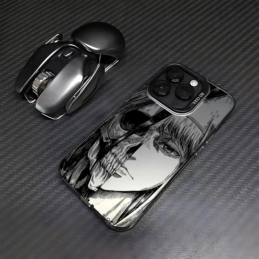 Coque iphone anime attaque des titans noir avec design crâne anime en noir et blanc arrière pour iphone pro max