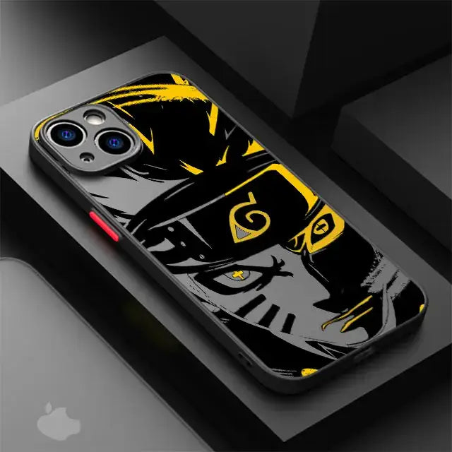 Coque iphone anime naruto noire et jaune avec design graphique audacieux vue arrière pour iphone
