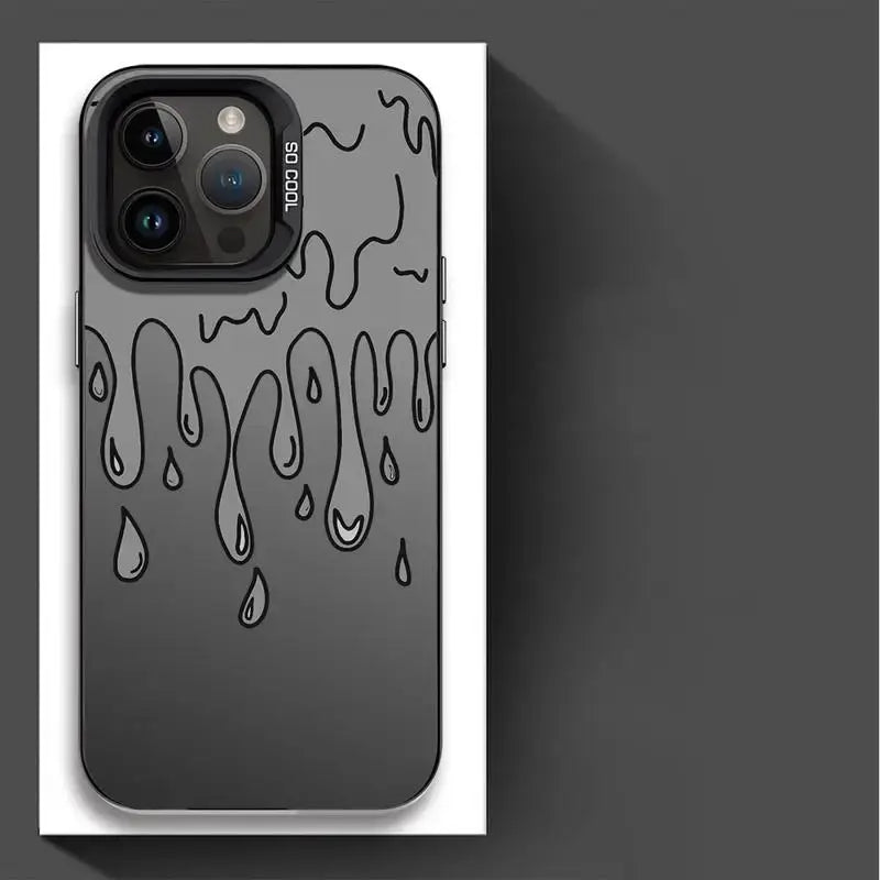 Coque iphone design urbain noire avec finition brillante et art urbain en ligne blanche représentant un liquide qui coule vue arrière