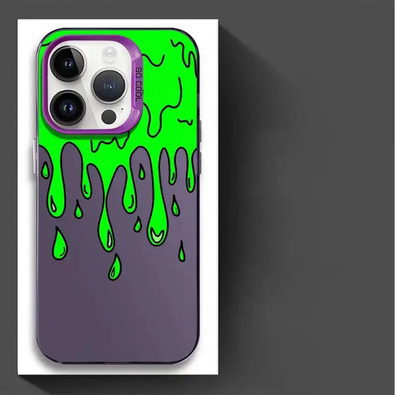 Coque iphone design style urbain verte vif avec bordure violette et effet slime vue arrière pour iphone 13 pro