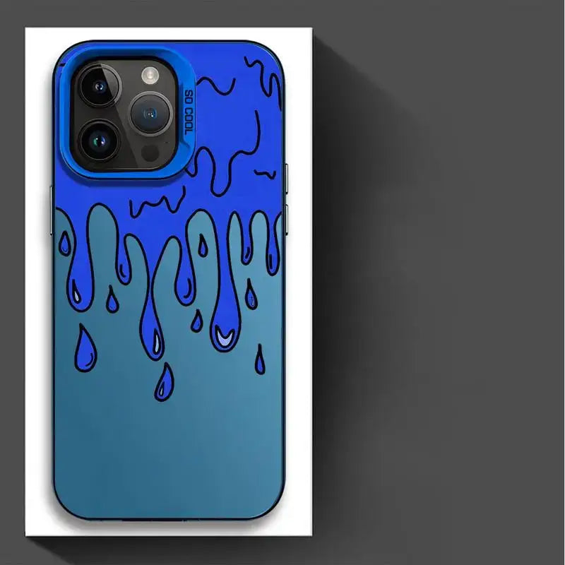 Coque iphone design graffiti montrant le dos avec un motif liquide bleu dégradé et texte so cool sur la découpe caméra style urbain art urbain
