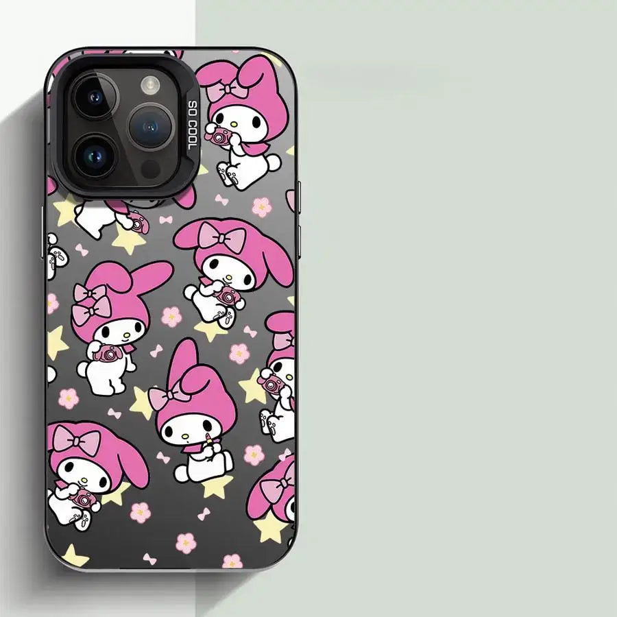 Coque iphone my melody en tpu souple noire avec motif my melody rose tenant un appareil photo au verso