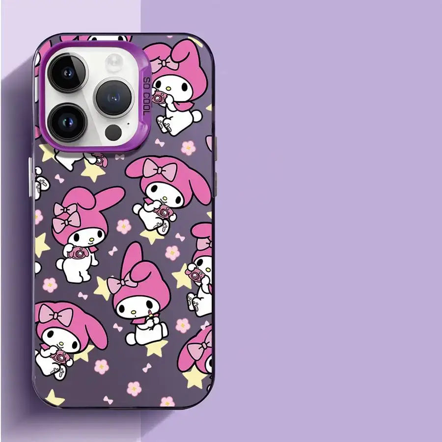Coque iphone my melody tpu souple violette avec motif répétitif my melody en chapeau rose tenant appareil photo sur fond gris anthracite