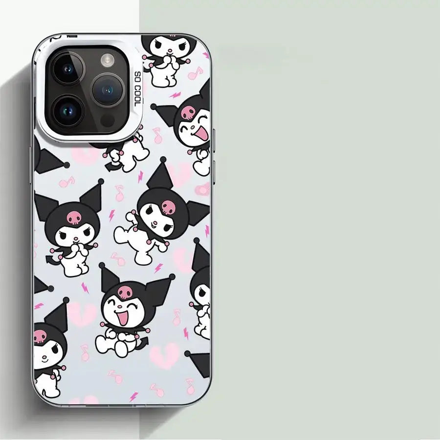 Coque iphone my melody tpu souple blanche avec motif répété kuromi noir et rose côtés arrière