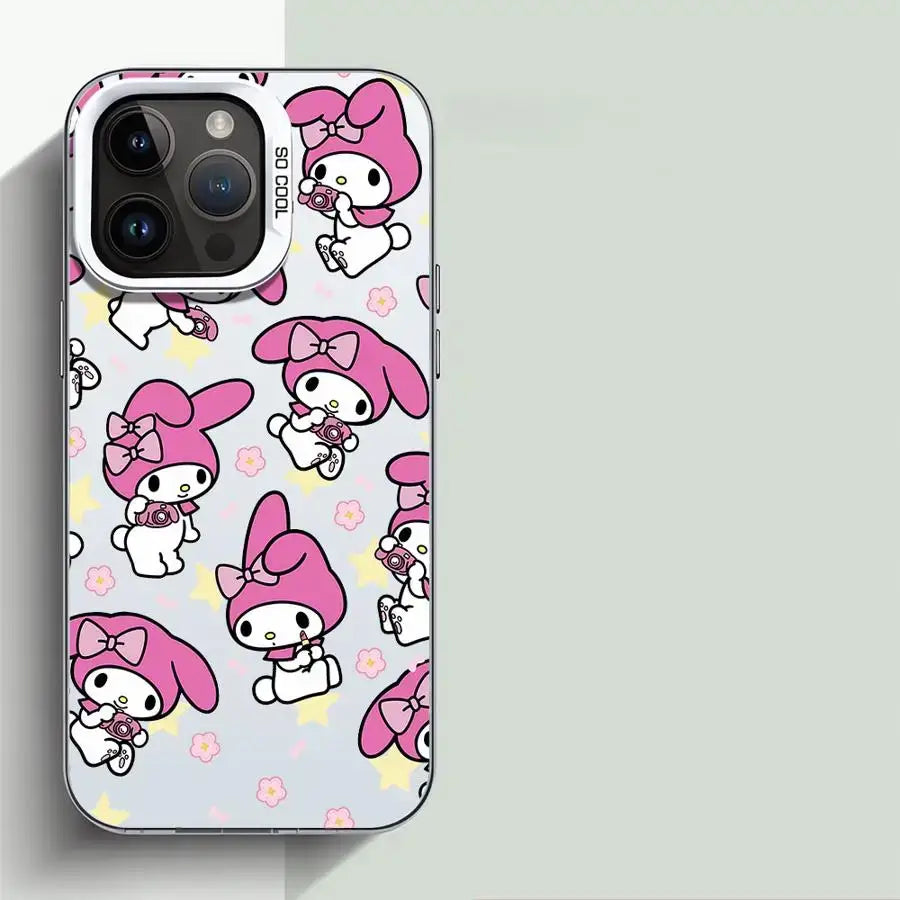 Coque iphone my melody kuromi tpu souple rose avec accents floraux vue arrière sur fond blanc