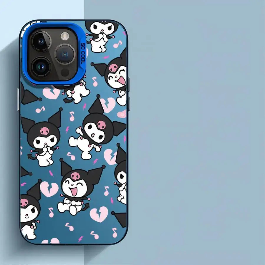 Coque iphone souple tpu bleue à motifs kuromi noir et blanc avec cœurs roses et notes de musique arrière iphone my melody