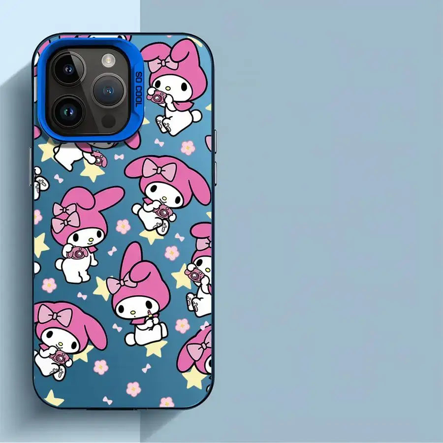 Coque iphone my melody tpu souple bleue avec motif my melody rose tenant un appareil photo au dos