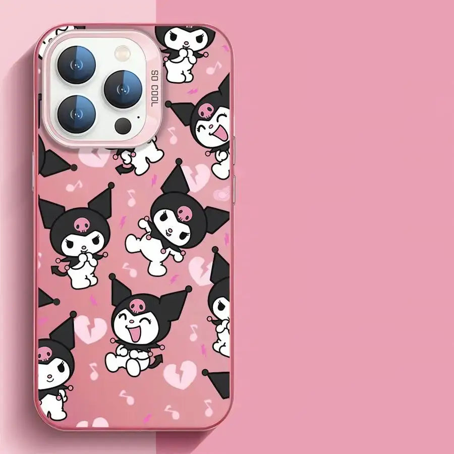 Coque iphone my melody kuromi tpu souple rose avec motif répétitif de personnages kuromi noir et blanc vue arrière
