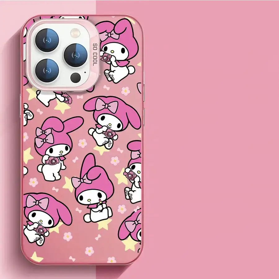 Vue arrière coque iphone my melody tpu souple rose avec motif répétitif personnage tenant un appareil photo étoiles et fleurs