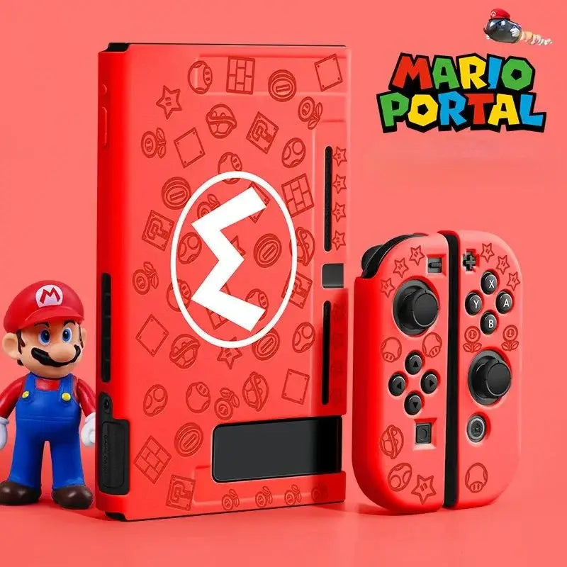 Coque switch protection rouge avec joy-con mario motifs embossés et logo m blanc vue arrière console protection switch