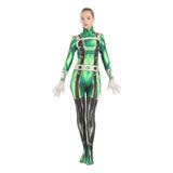 Costume cosplay anime my hero academia vert et noir moulant avec accents argentés col montant bretelles et ceinture