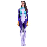 Un costume zentai moulant manches longues violet vif avec accents teal et blanc design futuriste pour cosplay anime my hero academia