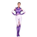 Combinaison moulante violette et blanche brillante avec bordure orange pour cosplay anime my hero academia