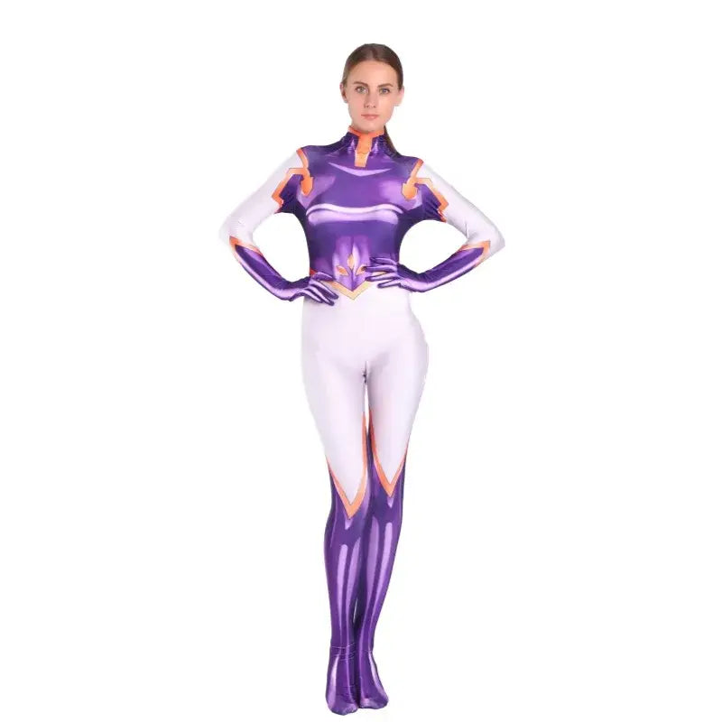 Combinaison moulante violette et blanche brillante avec bordure orange pour cosplay anime my hero academia