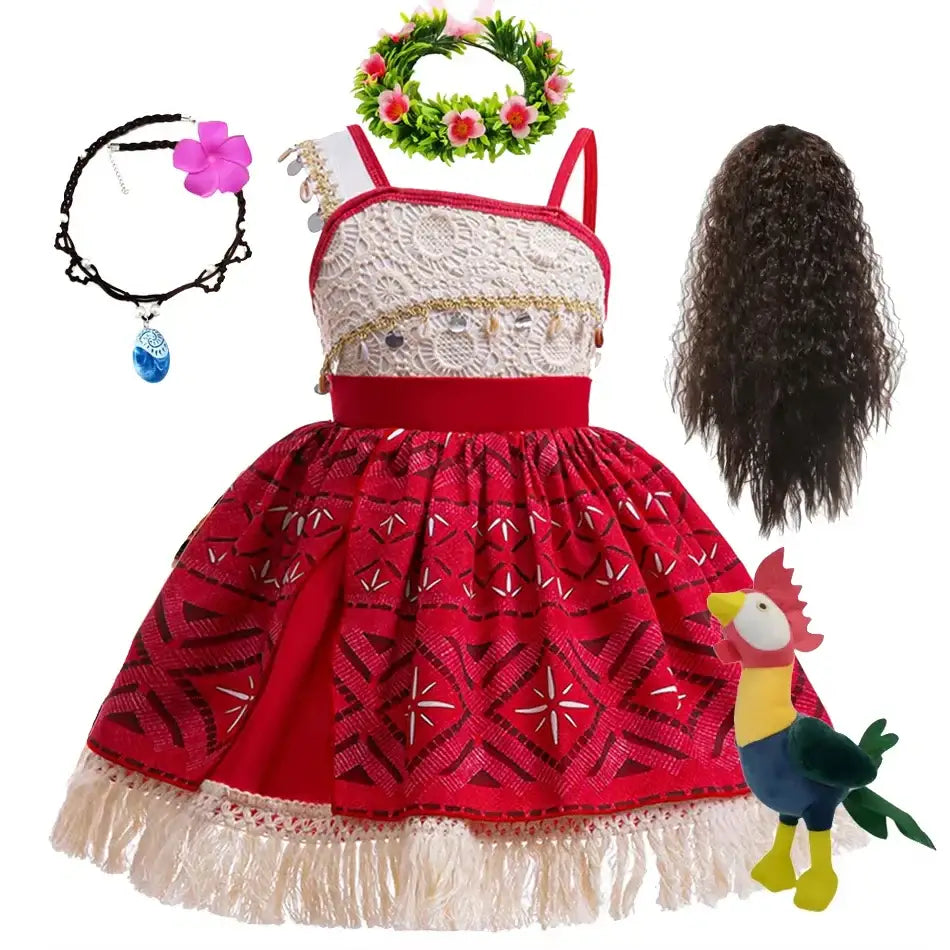 Robe rouge et blanche princesse vaiana avec dentelle, broderies et ourlet à franges pour cosplay princesse vaiana