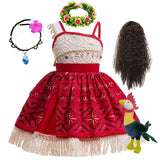 Robe rouge et blanche princesse vaiana avec dentelle, broderies et ourlet à franges pour cosplay princesse vaiana