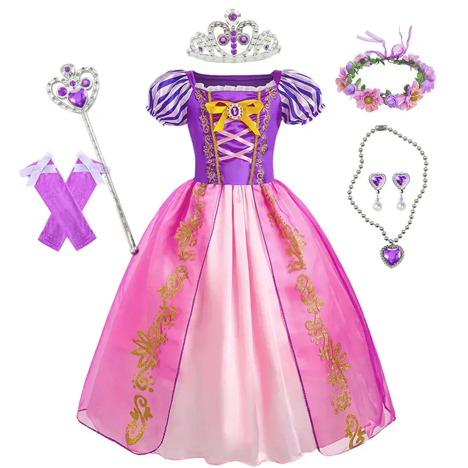 Déguisement raiponce fille robe somptueuse violette et rose avec broderies dorées look complet avec accessoires assortis
