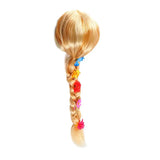 Blonde wig with colorful flower clips for déguisement raiponce fille completing a look complet with robe somptueuse