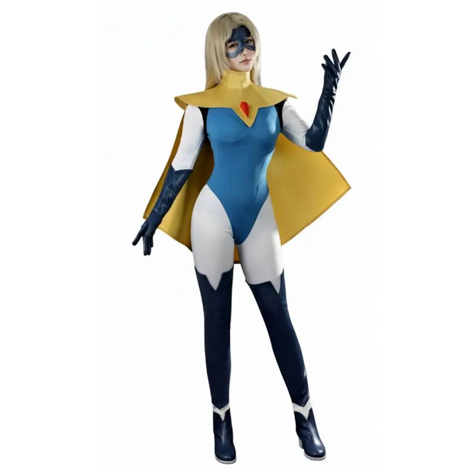 Costume cosplay femme anime mandy bleu et blanc avec cape jaune et gants noirs inspiré princesse rosalina