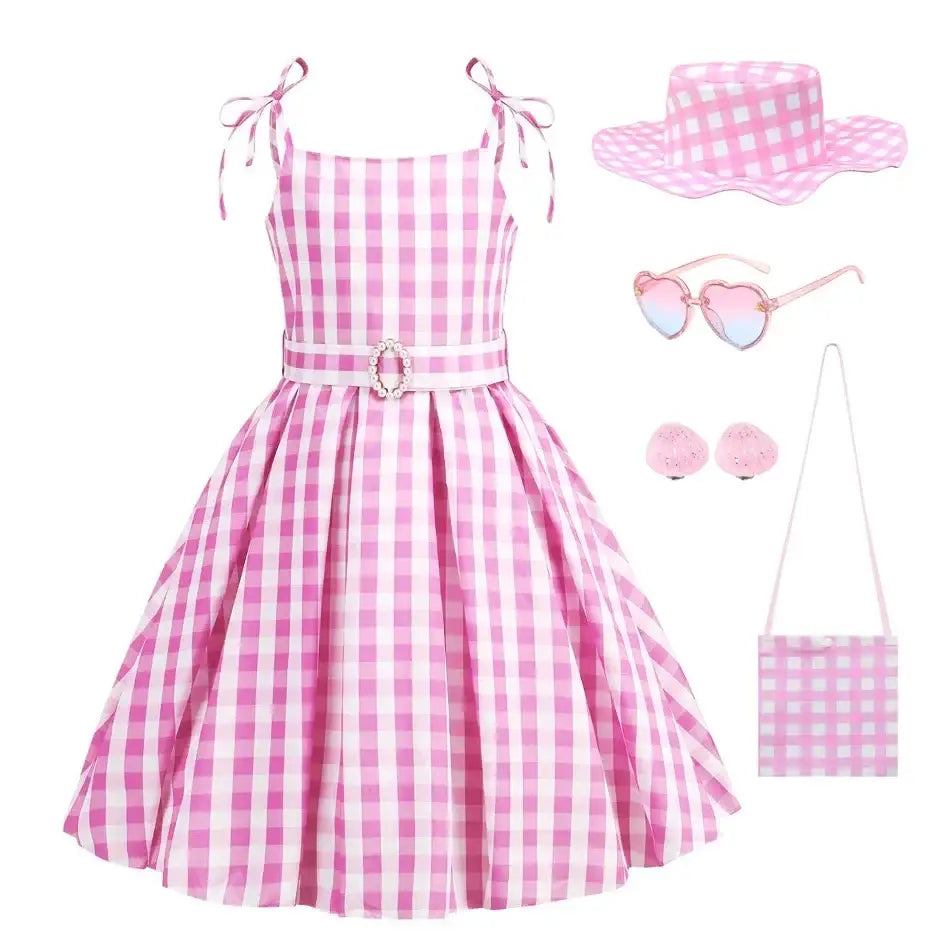 Robe à carreaux roses et blancs avec accessoires pour costume cosplay Barbie Rose
