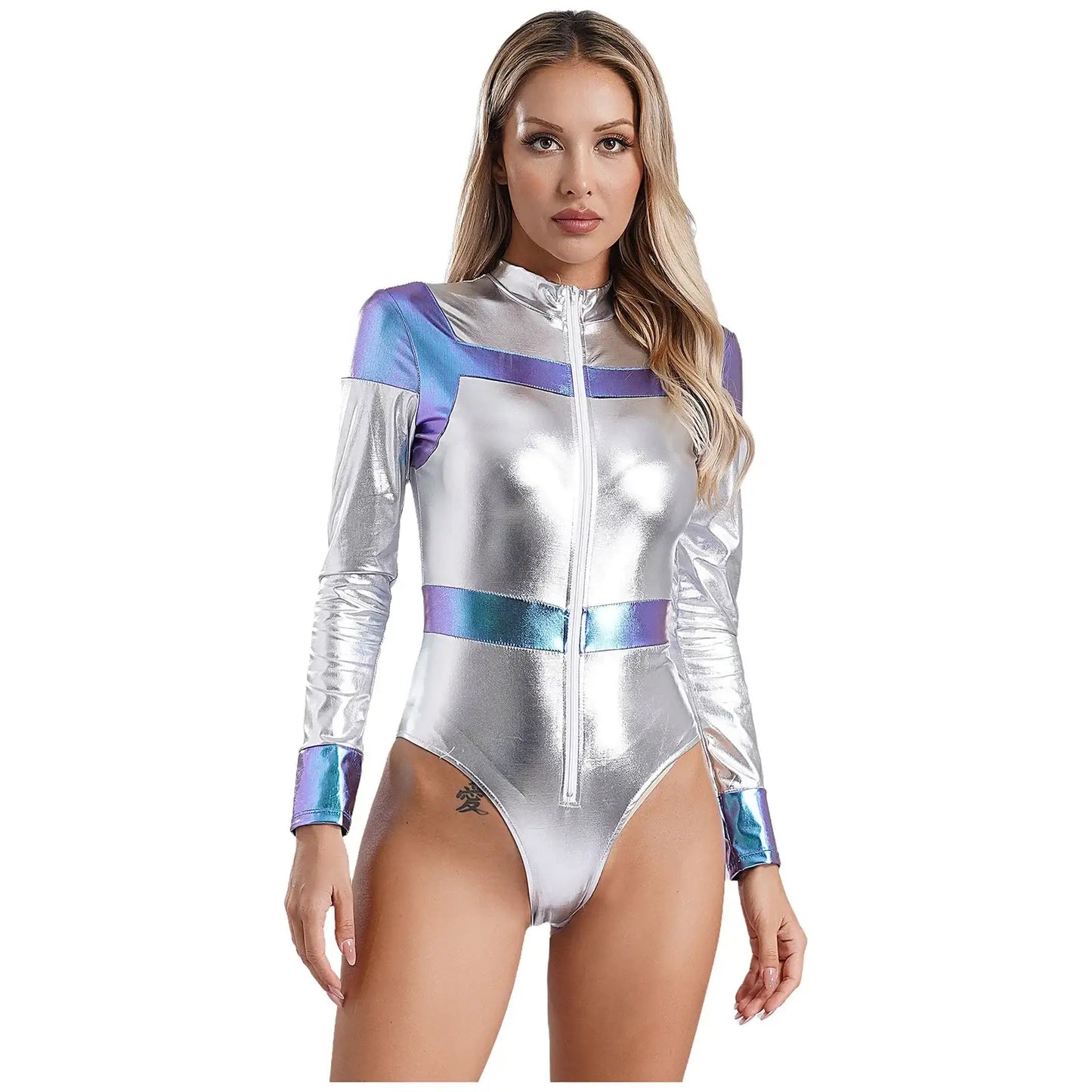 Combinaison spatiale femme argentée et bleue irisée à manches longues avec fermeture éclair pour costume astronaute sf femme soirées déguisées