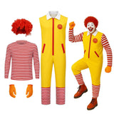 Costume clown adulte style unique rayé jaune et rouge avec perruque rouge, gants et bottes assortis pour événement festif